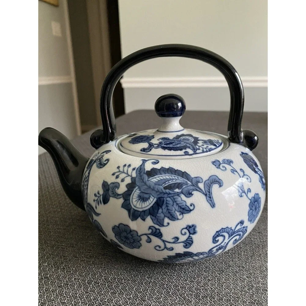 Pier 1 Ceramic Blue & White Floral Teapot with 4 Tea Cups